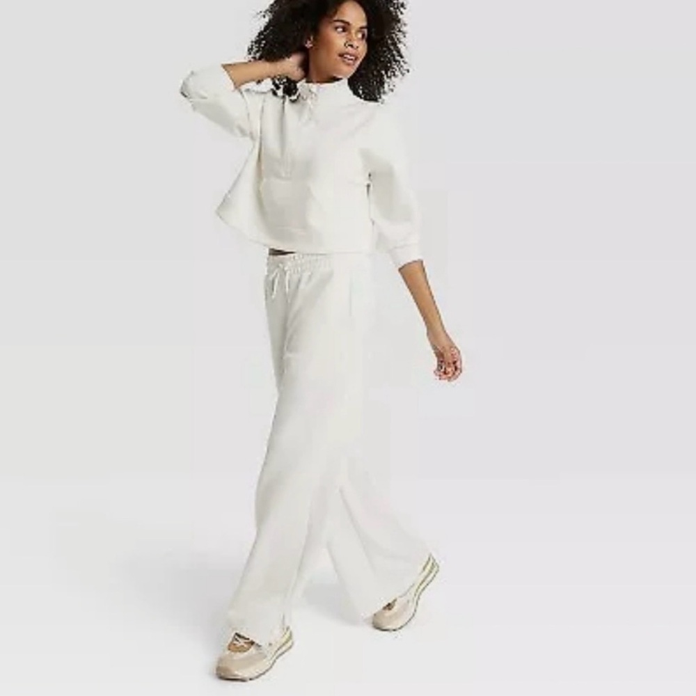 Women's White Pants All In Motion Active NEW XS Waffle Weave High Rise Wide Leg